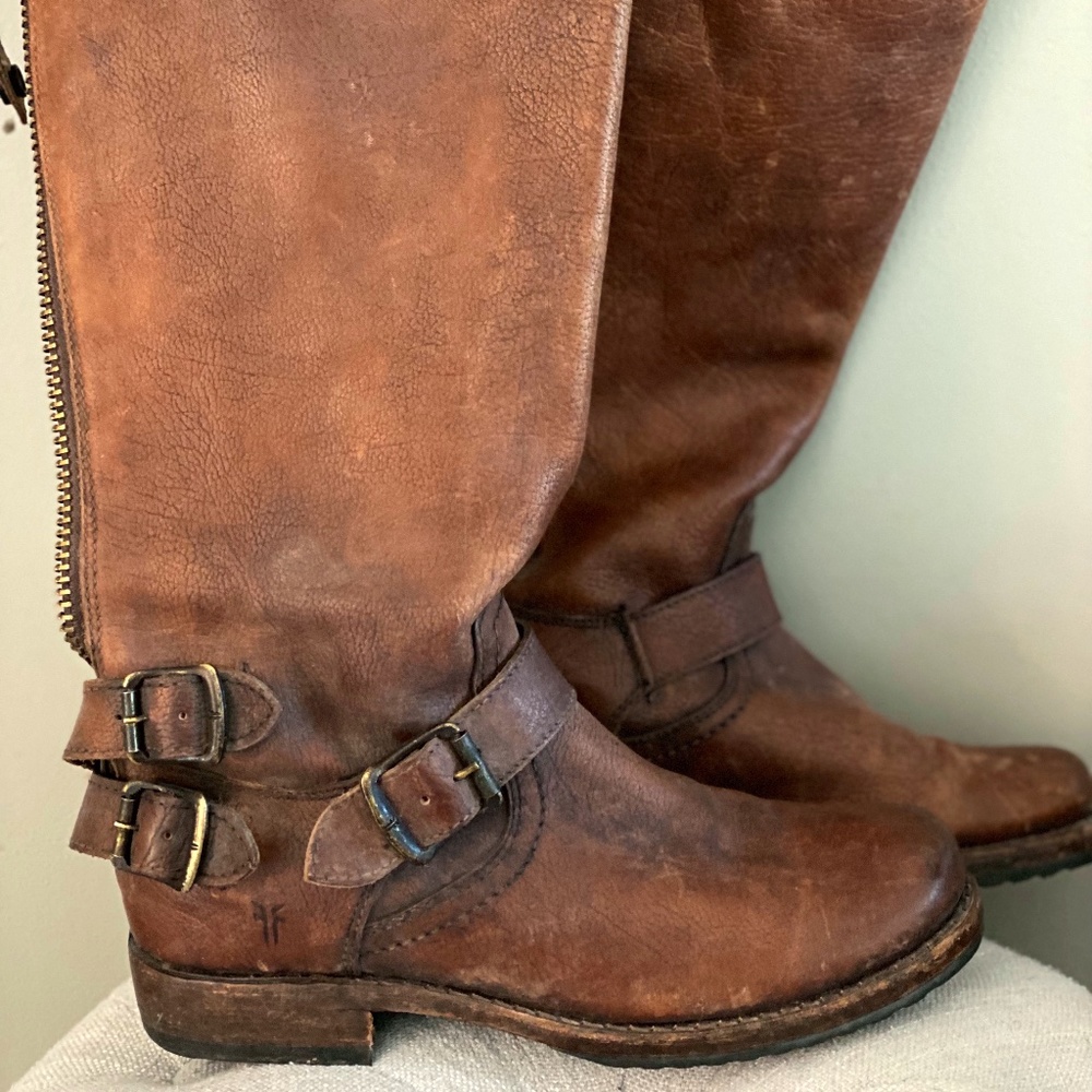 Frye Brown Leather Over-the-Knee Buckle Boots
